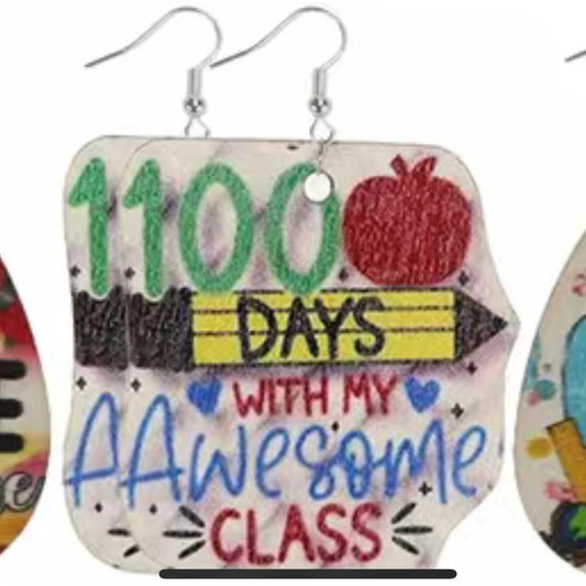 100 Days Of School Student & Teacher  Dangle Earrings  New In Plastic   See Other Designs In Other Listings